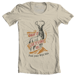 Khaki short sleeve t-shirt with buck graphic and saying Drop it like it's shot - feed your wild side